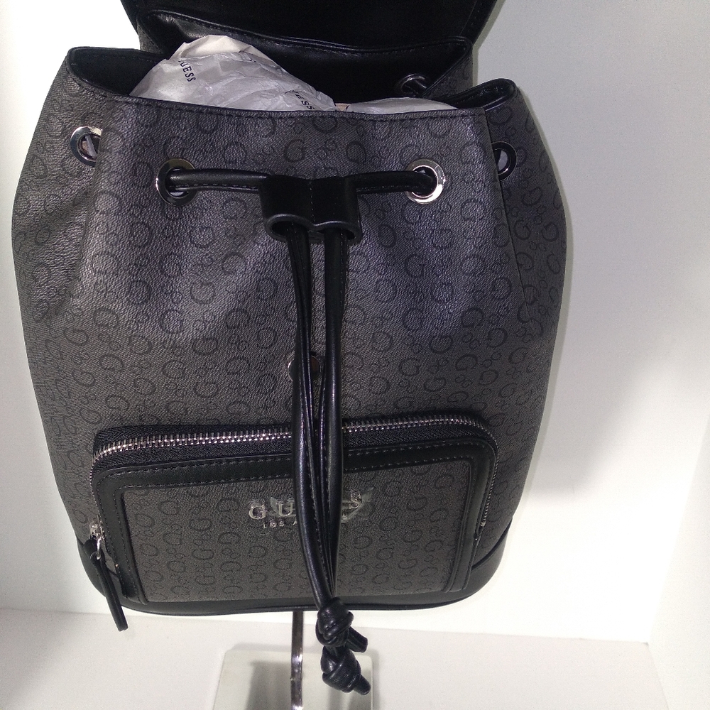 GUESS Black & Grey Monogram Faux Leather Backpack - Picture 14 of 14